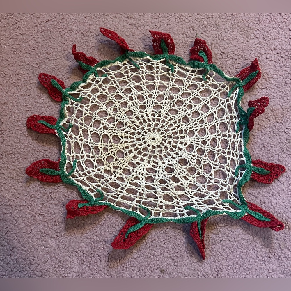 VTG HAND CROCHETED DOILY 15.5” Red Green Holiday Christmas Vintage Handmade